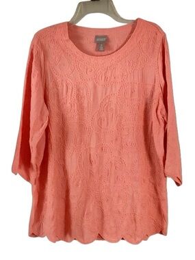 Chico’s Embroidered Scalloped Hem Coral Tunic Large